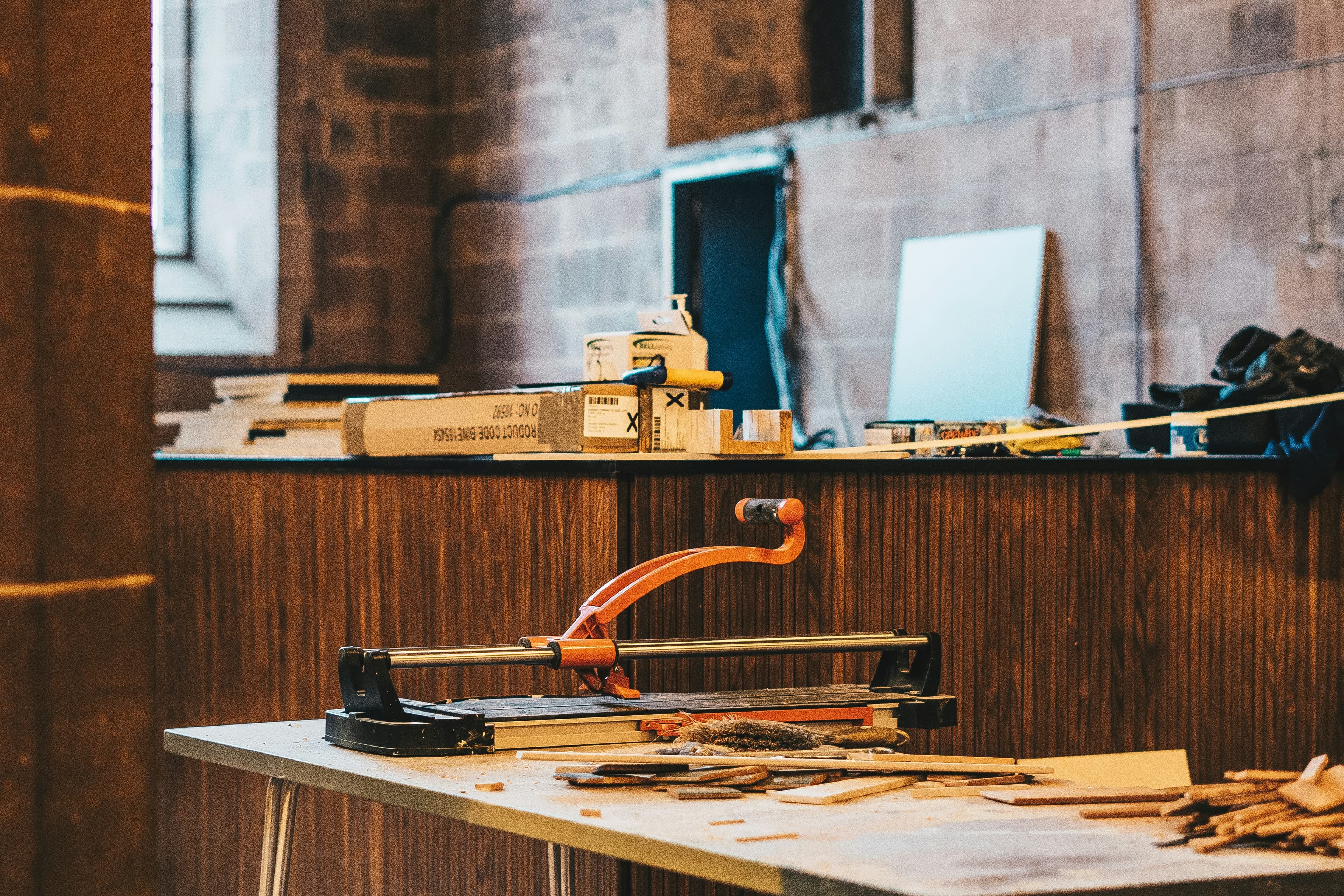 Warm workshop interior with tools and machinery